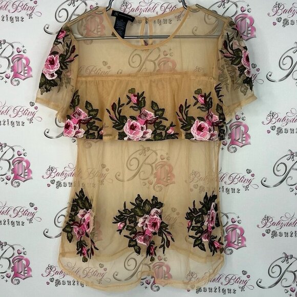 INC International Concepts Tops - INC International Concepts Floral Sheer Blouse - Tan and Pink roses embroidered